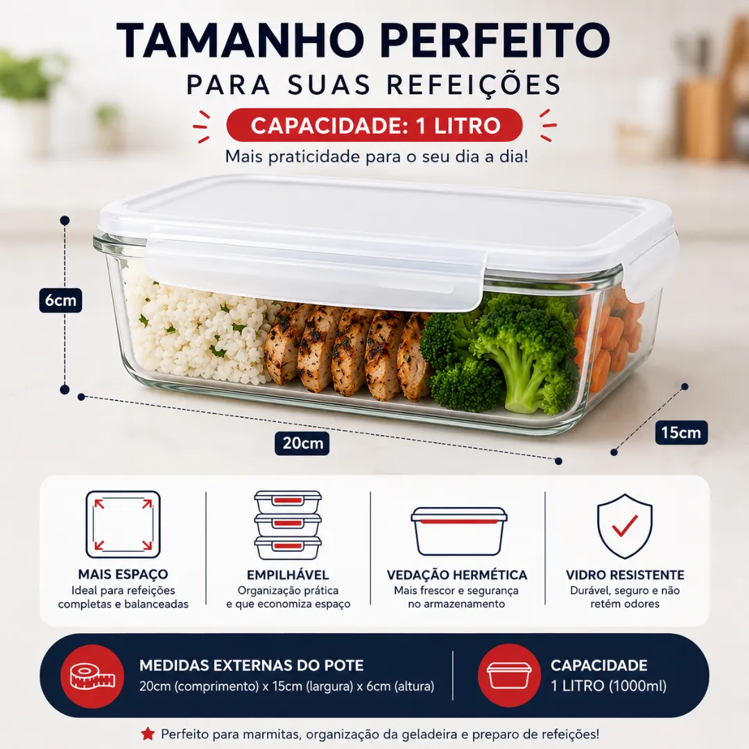 Pote Vidro Hermético 1040ml Marmita Tampa Trava Vedação - foto 5